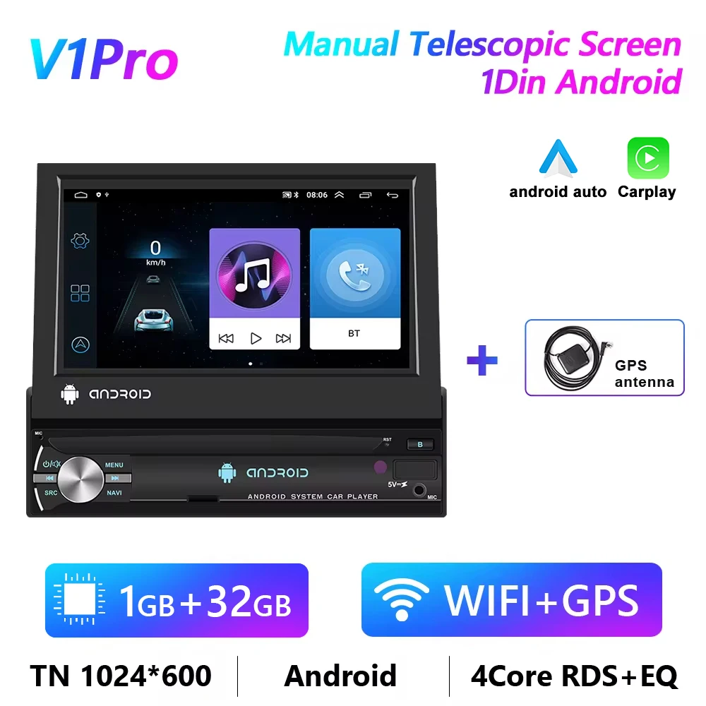 

Podofo Android 1 Din автомобильный радиоприемник магнитофон GPS-навигация 7 "HD выдвижной экран мультимедийный видеоплеер аудио стерео без DVD