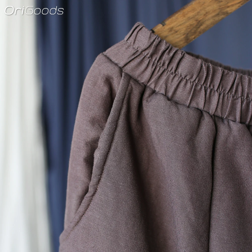 Женские зимние штаны из хлопка и льна X098 свободные утепленные флисовые брюки с