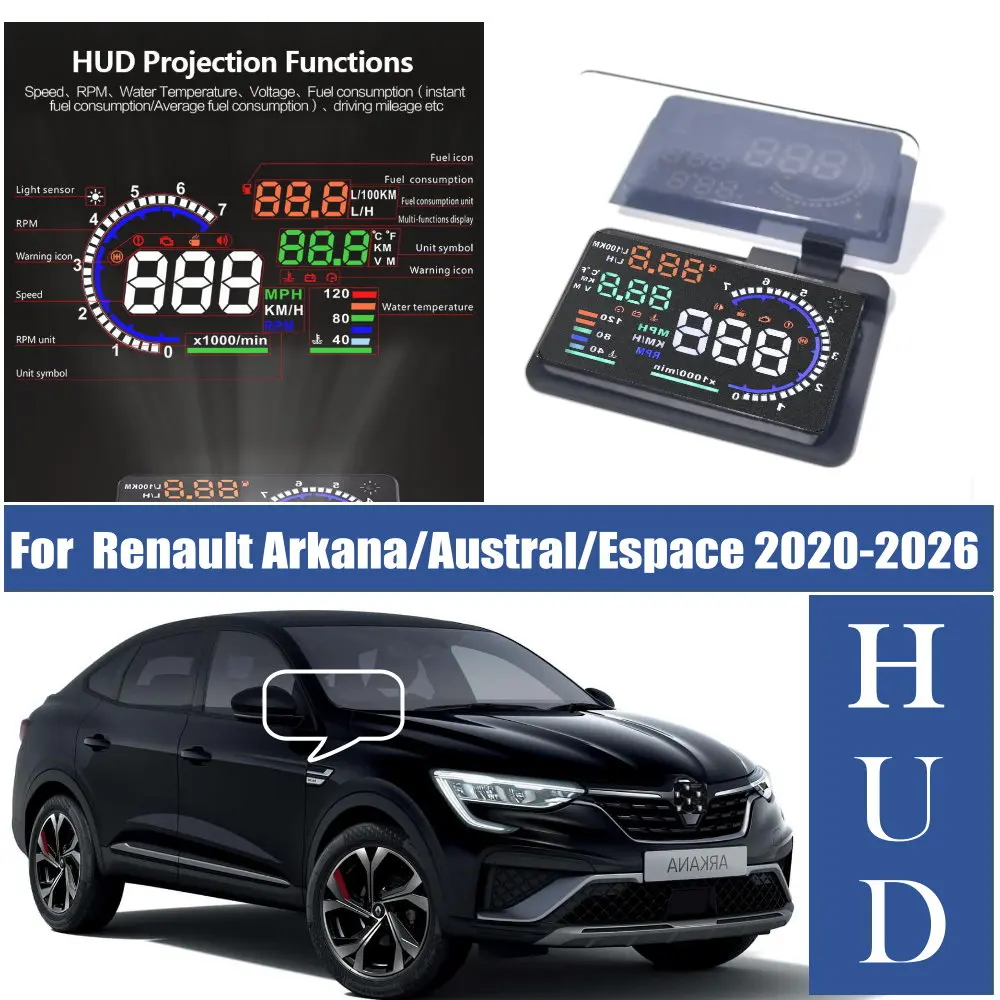 Фото Автомобильный проекционный дисплей (HUD) на лобовое стекло с LED-подсветкой для Renault Arkana LJL 2020-2026, Austral AR1 2022-2026, Espace JFC 2023-2026 №1