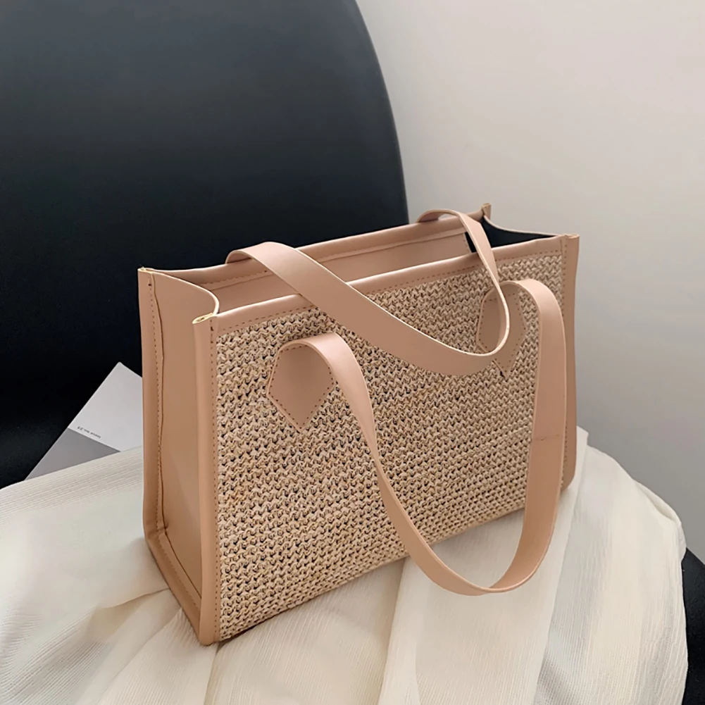 

Women Straw Shoulder Bag Portable Female Summer PU Leather Woven Knitted Totes Woven Purse for Travel Shopping