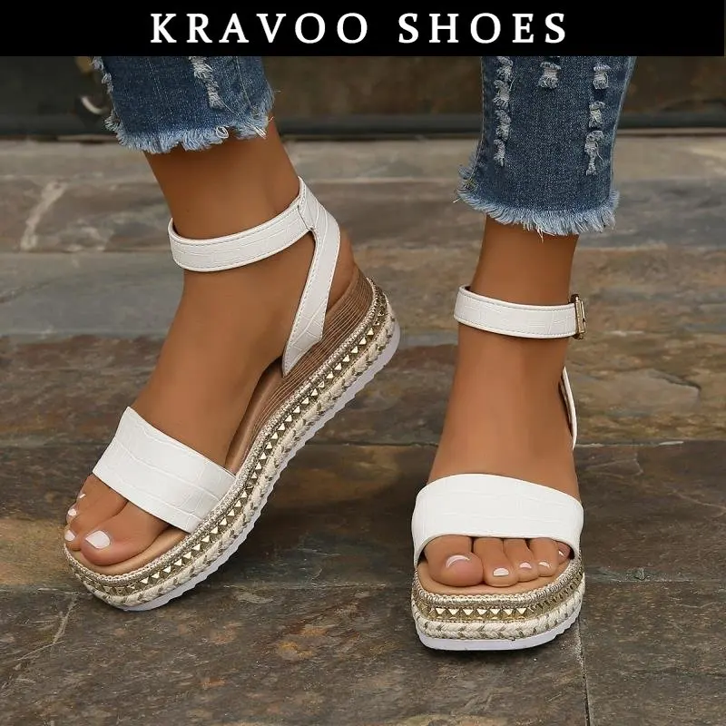 

KRAVOO Women Sandals Flats Shoes Summer Fashion Buckle Strap Hemp Wedges Platform Peep Toe Breathable Sandals Plus Size 35-43