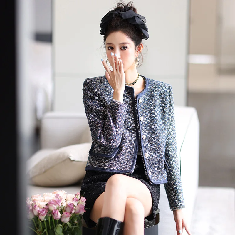 Luxury Dark Blue Color Glitter Women Office Jackets Full Sleeves Buttons Tweed Elegant Lady Business Party Short COAT