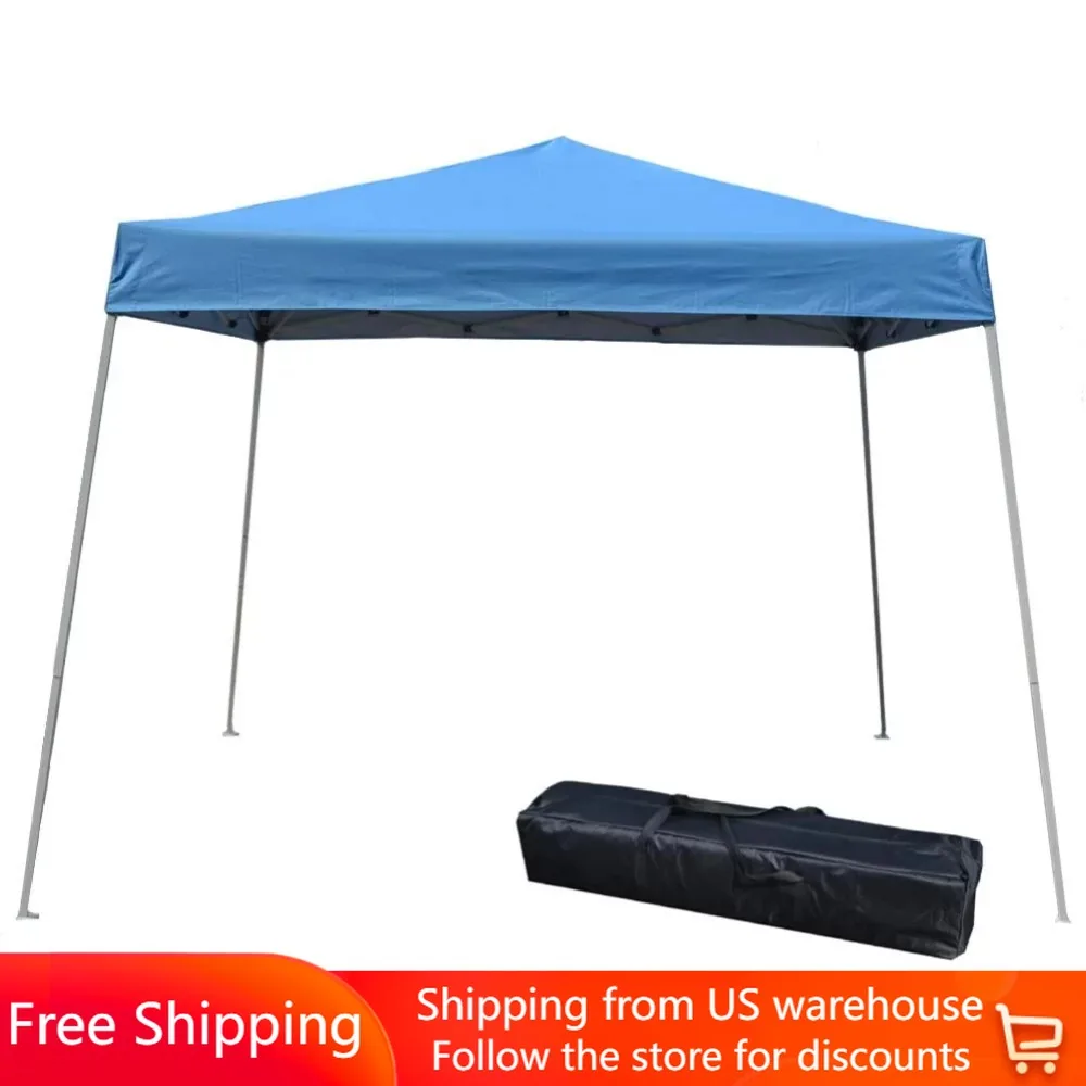 

10 X 10 Pop Up Canopy Tent Instant Slant Leg Portable Shade Tent With Carrying Bag Blue Tarp Camping Supplies Awnings Beach
