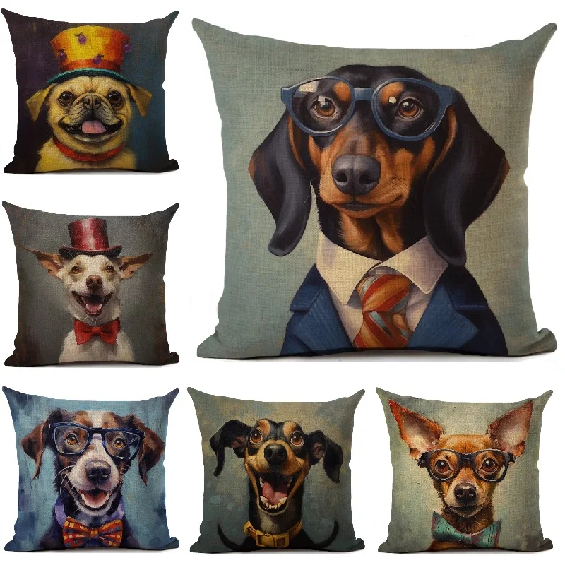 

Funny Dog Patterns Linen Cushion Cover Cartoon Animals Style Home Decoration Living Room Sofa Throw Pillows Case 45x45cm