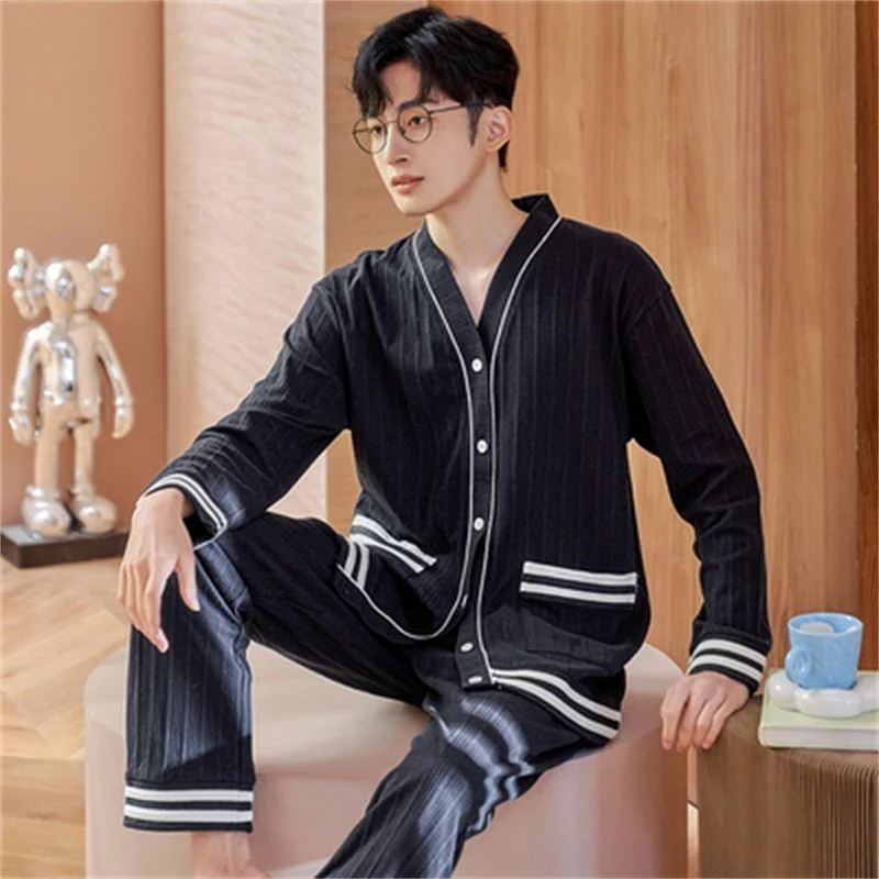 Pajamas Set Casual Cotton Sleepwear For Men Black Elastic Soft Shirt Pyjama Men's Autumn Fashion Homewear Clothes Big Size