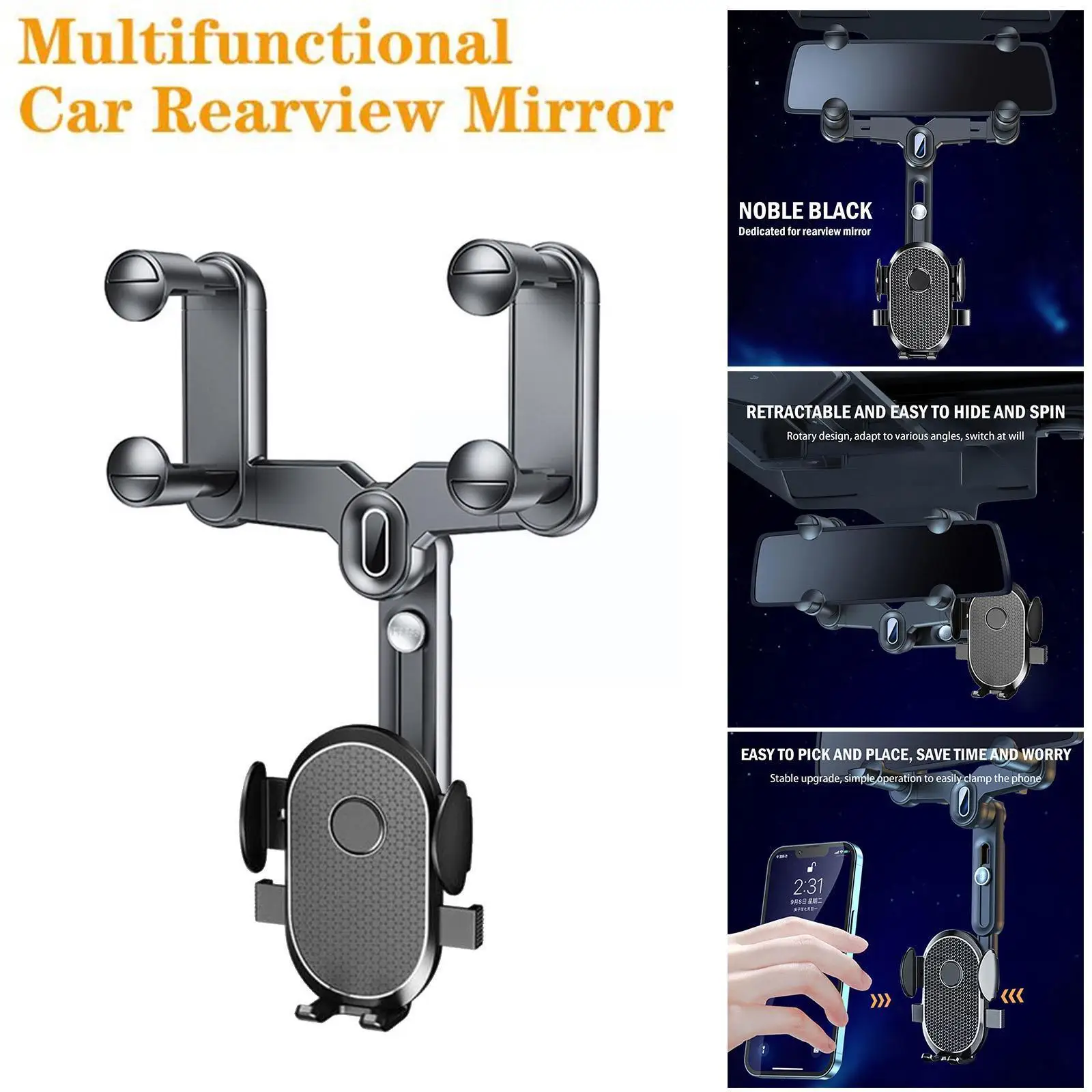 

360° Rotatable Fully Retractable Car Phone Holder Rearview Recorder Mirror DVR/GPS Holder Bracket Mobile Driving Car Stand M5X0