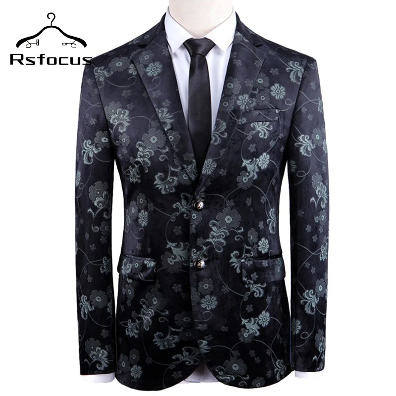 

Rsfocus Fashion Mens Velvet Blazer Jacket Floral Printed Blazers For Men High Quality Two Buttons Prom Casual Blazer Man XZ153