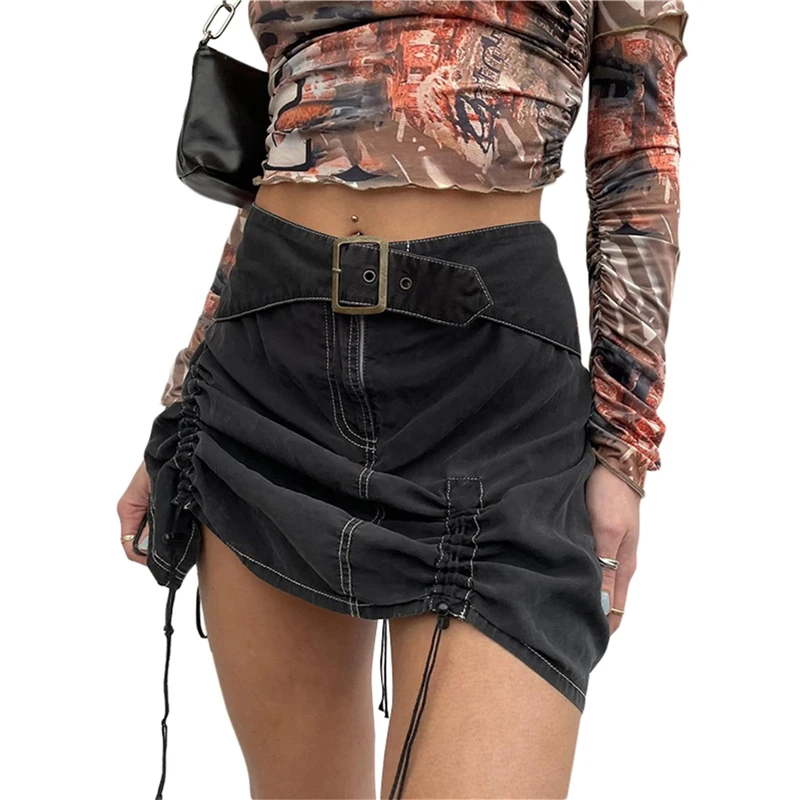 

Women Short Skirt 2000s Aesthetic High Waist Side Drawstring Stitched Mini Skirt with Belt Decor y2k Korean Fashion Streetwear