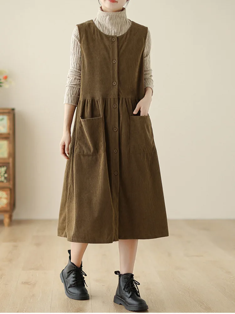 # 6917 осенне-зимнее платье-майка без рукавов женское однобортное платье с круглым