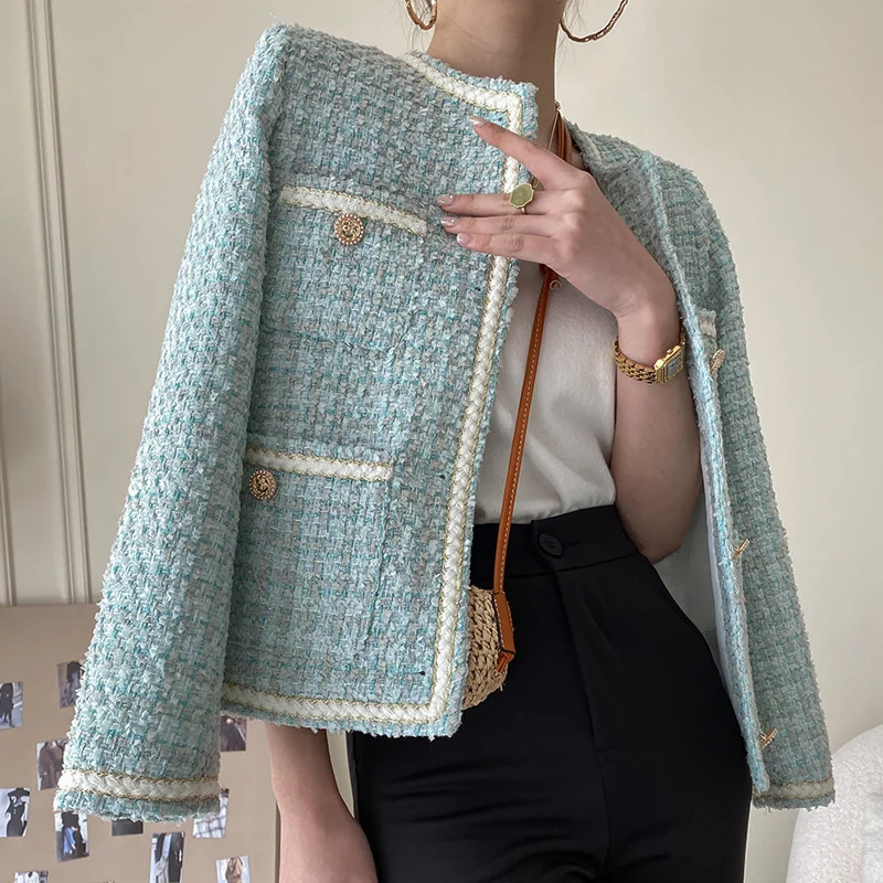 

Женское трикотажное пальто с круглым вырезом, небесно-голубое пальто в стиле пэчворк, уличная одежда, весна 2022