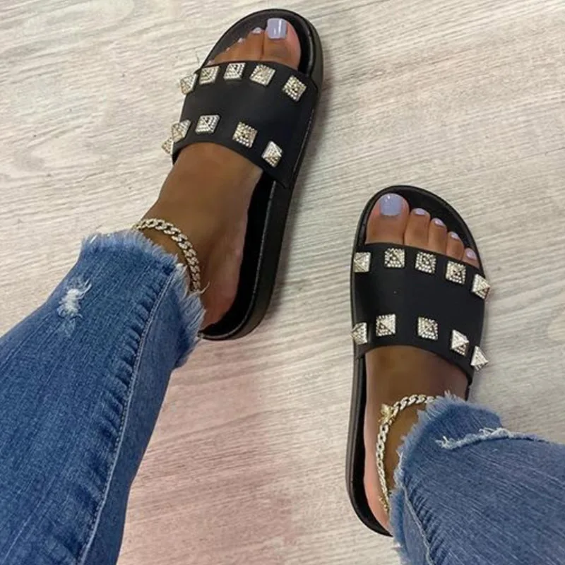 

Crystal Rome Flats Slippers 2022 New Summer Sandals Luxury Flip Flops Designer Slingback Shallow Women Shoes Mujer Indoor Slides