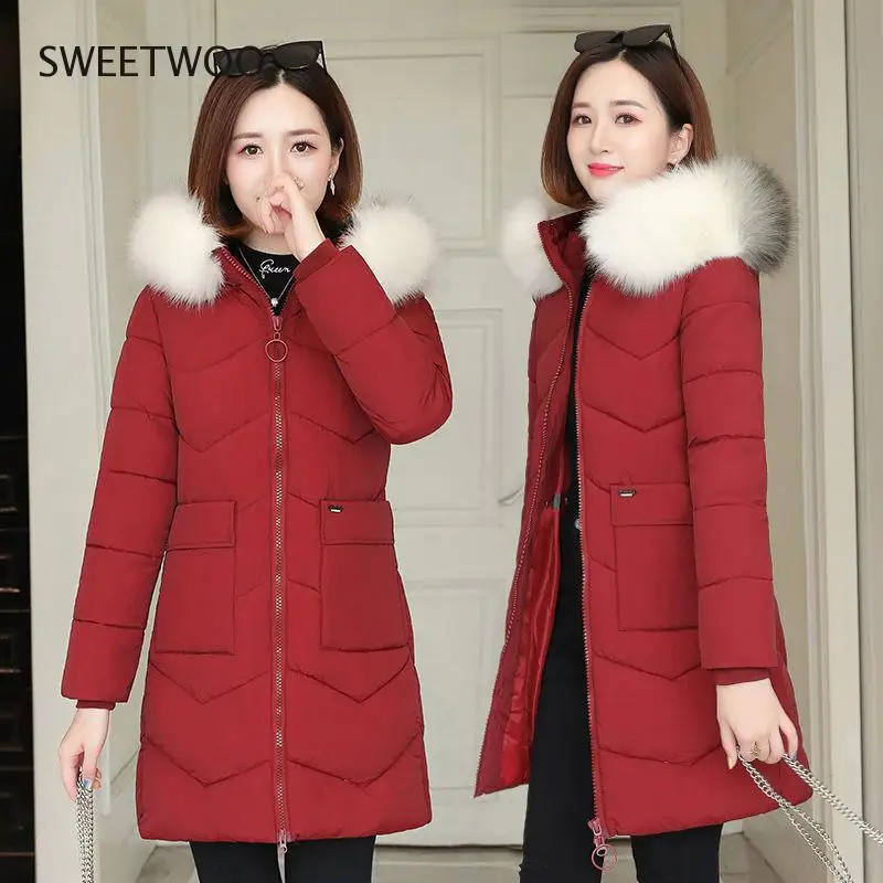2020 Winter Jacket Women Parka Fur Collar Casual Hooded Slim Long Coat Fashion Female Jacket Cotton Padded Warm Outwear 8 Color