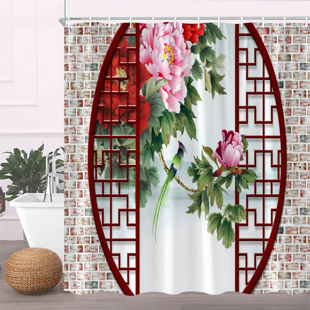 

Antique Vintage Screen Arch Flower Scenery Bath Decor Fabric Hanging Curtains Bathroom Accessories Set 3D Chinese Shower Curtain