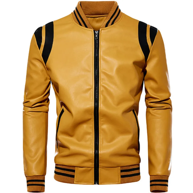 

Men's Spring and Autumn Stitching Zipper Style Pu Leather Jacket Casual Slim Fit 4 Colors Optional O-neck Long Sleeve Coat