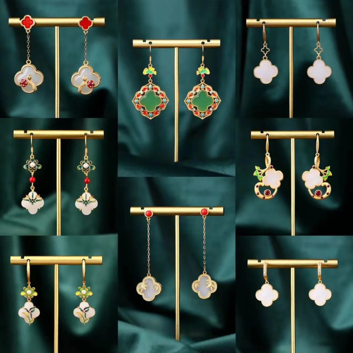 Этнические китайские серьги с четырьмя листьями клевера для женщин нефритовый