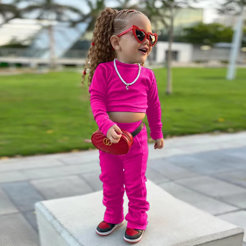 

Ярко-розовый детский комплект одежды из 2 предметов, трикотажный топ + штаны со складками, спортивные костюмы Y2K, уличный стиль, брюки, комплекты для маленьких девочек