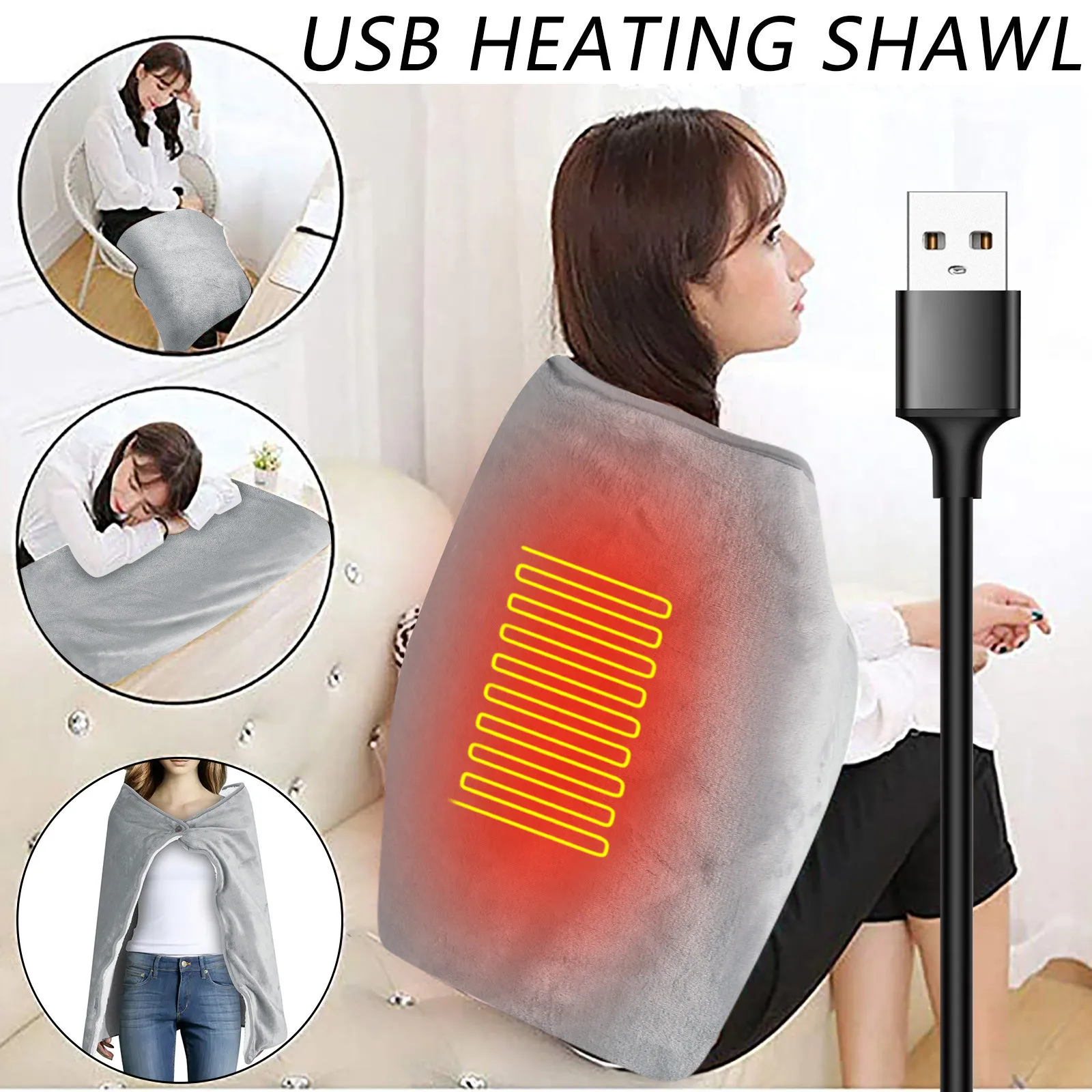 

USB Electric Heating Blanket Warm Shawl Soft Coral Fleece Plush Heated Shawl Wrap Winter Home Large Electric Blankets