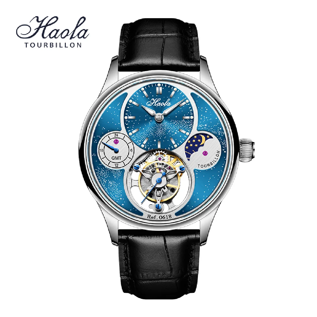 

Haofa Luxury Skeleton Tourbillon Sapphire Watch For Men Mechanical Manual Tourbillon GMT Moonphase Wristwatches orologio uomo