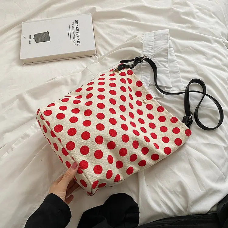 

Classic Polka Dot Handbags White Black Polkadots Retro Canvas Shoulder Bag Women Office Custom Tote Bag Casual Shopper Tote Bags