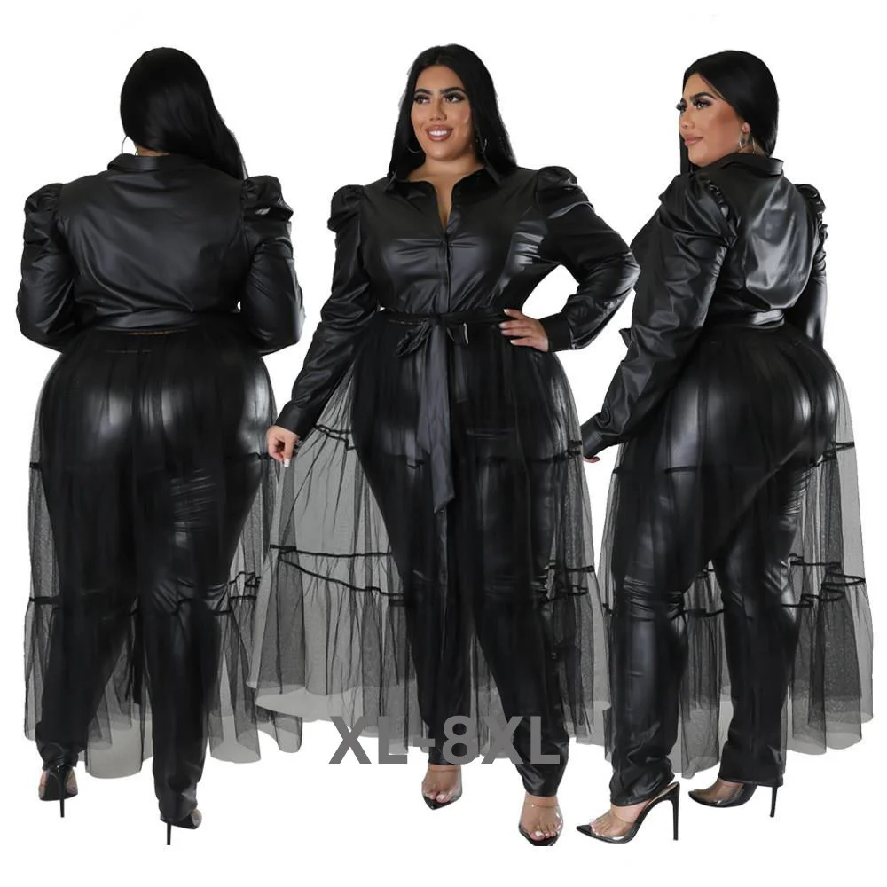 Plus Size Leather and Mesh Patchwork Sexy Shirt Dress Big Size Long Sleeves Turn Down Fashion Button-up Casual 3xl 4xl 5xl 6xl