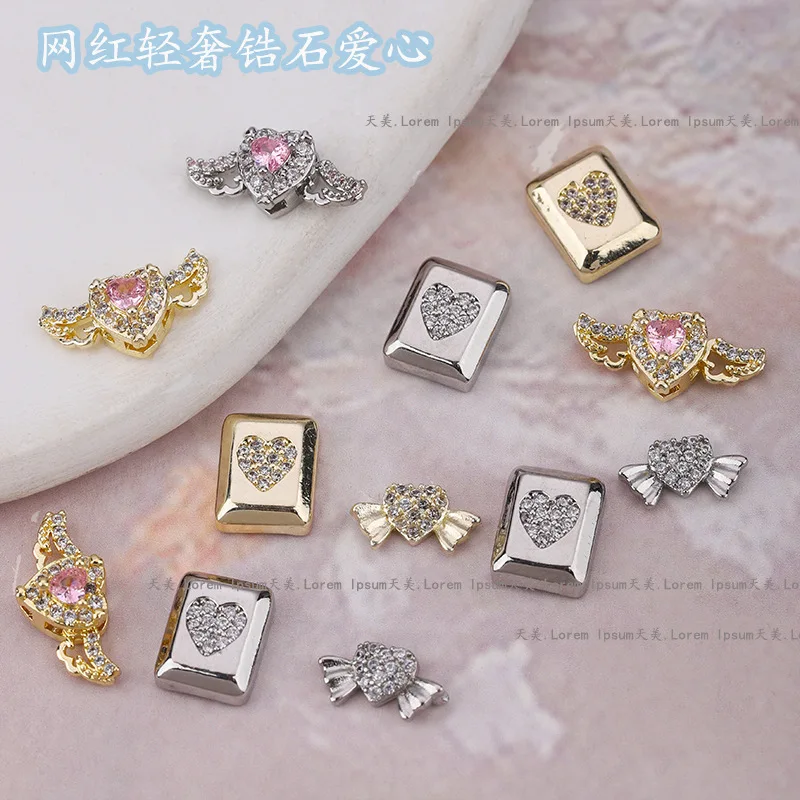 

2Pcs New Luxury Nail Enhancement Love Diamond Jewelry Japanese Super Sparkling Angel Wings Heart Shaped Zircon Nail Decoration