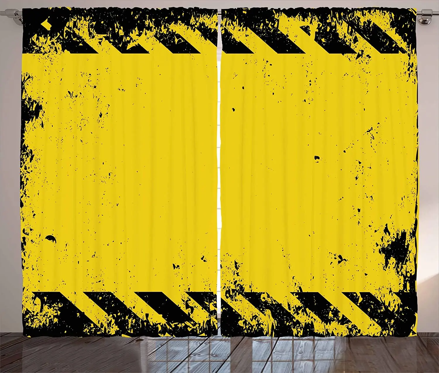 

Vintage Yellow Blackout Curtains Hazard Theme Caution Construction Tape Illustration with Grunge Look Window Curtain