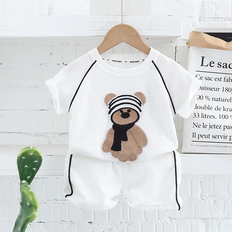 

Summer Children's Set Waffle Short-Sleeved Shorts Boys and Girls Summer Cotton Short-Sleeved T-Shirt Two-Piece Set Cartoon Bear