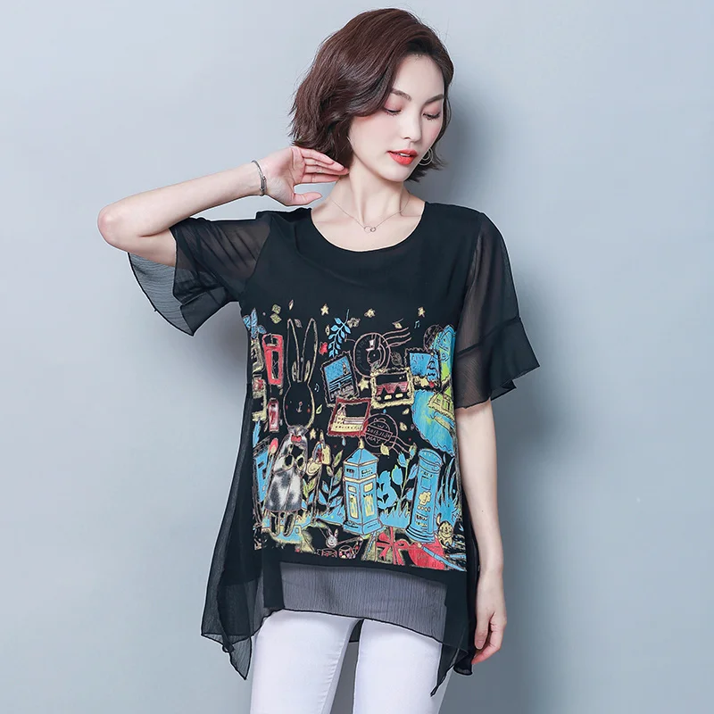 

Женская шифоновая блузка с коротким рукавом и принтом