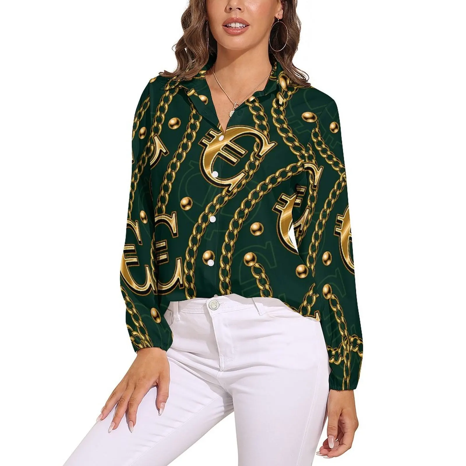 Блузка женская свободного покроя с длинным рукавом и принтом в виде бусин