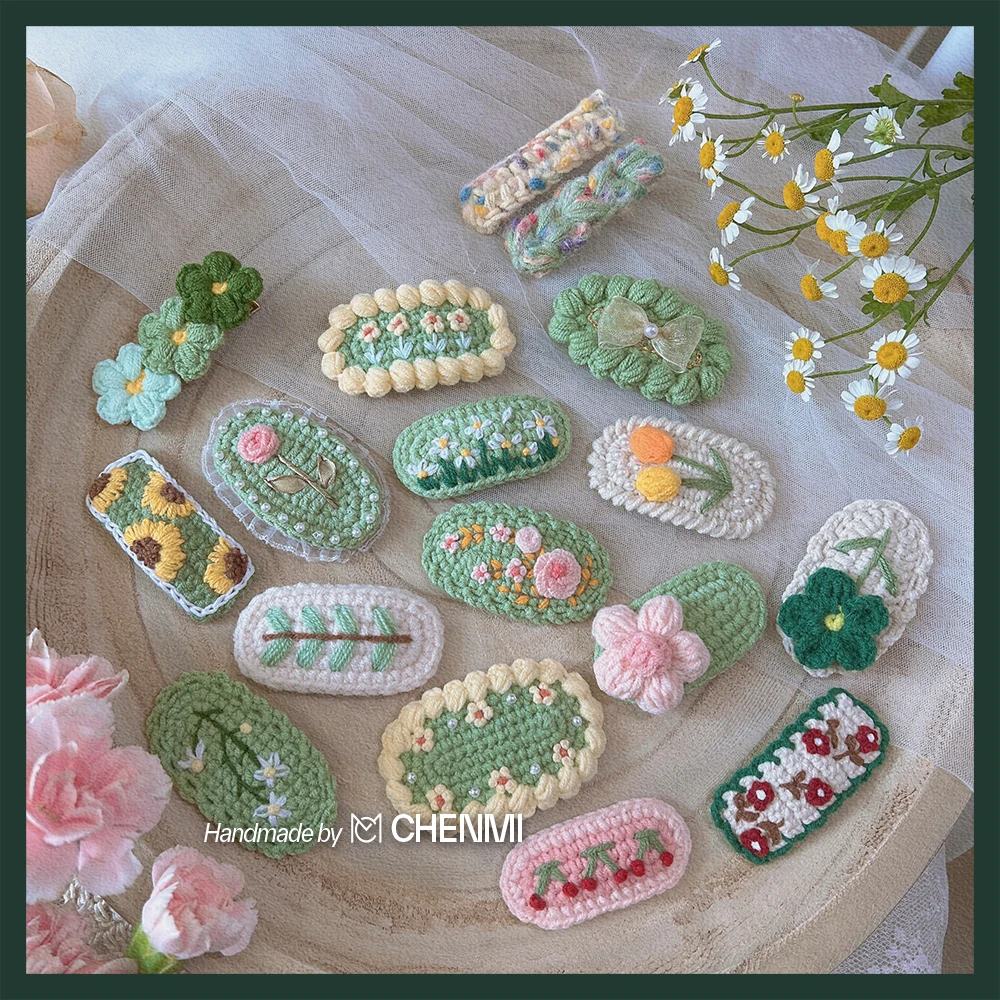 

1 Pcs New Yarn Crocheted Hair Clip Girls Colorful Bobby Pin Hand-knitted Wool knitting Retro Embroidery Hairpin Side Bangs Clip