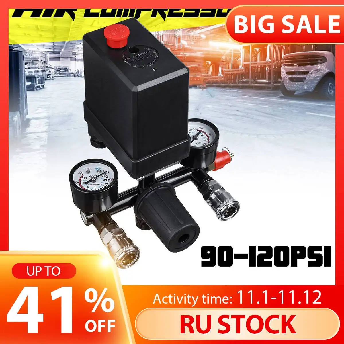 

Air Compressor Pump 220V/380V Pressure Switch Control Manifold Relief Regulator Control Valve 90-120 psi Pressure Gauge