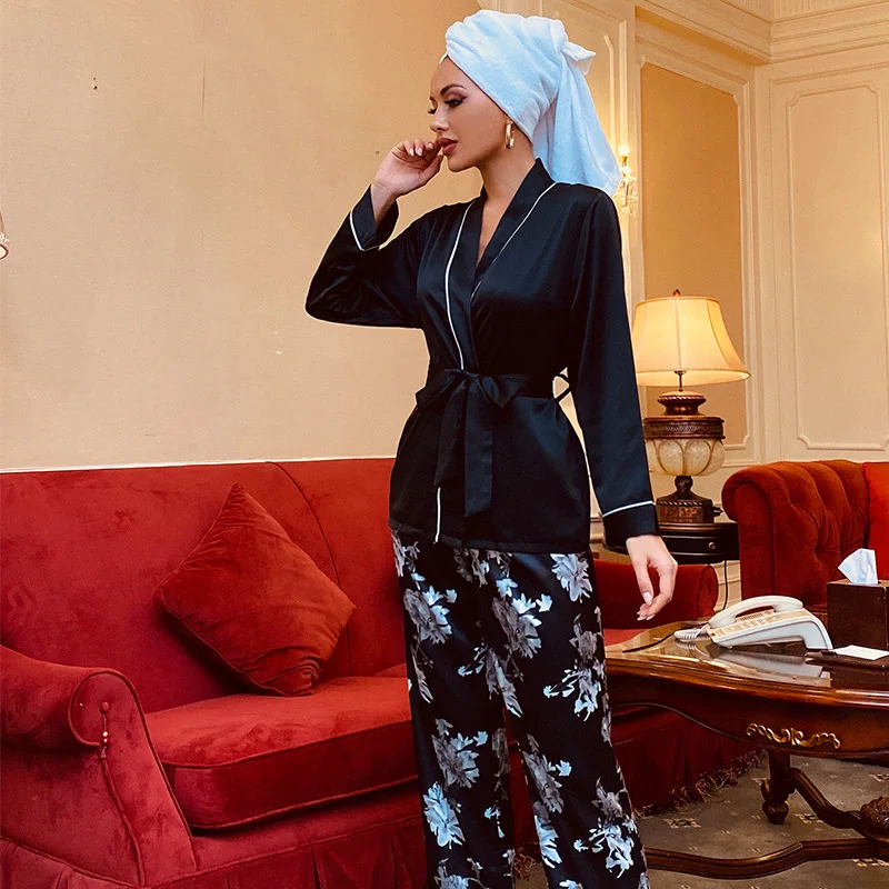 Women Two Piece Outfits Silk Satin Pyjamas Set Sleepwear Homewear For Autumn Winter Long Sleeves Nightwear Nightgown Set