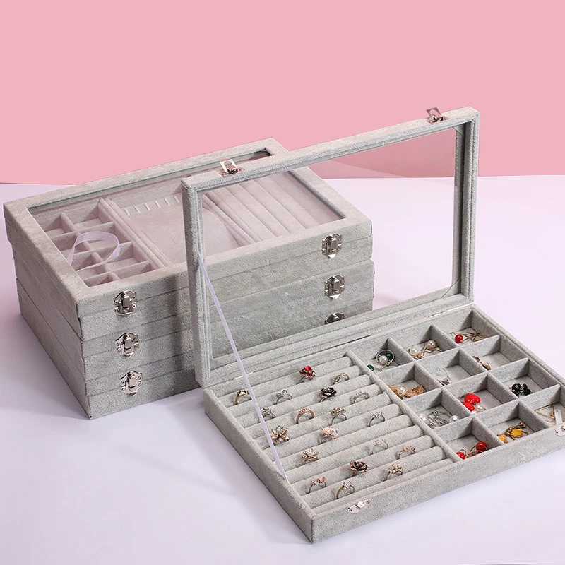 

Big Velvet Gray Carrying Case with Glass Cover Jewelry Ring Display Box Tray Holder Storage Box Organizer Earrings Ring Bracelet