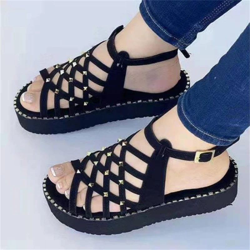 

43 Sneakers Sandals Women Shoes Faux Suede Solid Color Classic Fashion Casual Vacation Hollow Mesh Rivet Buckle Platform