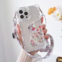 cute flower bear with lanyard phone case for iphone 13 11 12 pro max xs x xr 8 7 plus cases cartoon cat soft tpu cover bumper