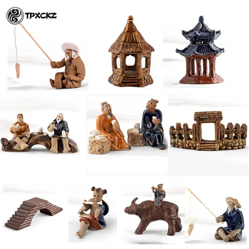 

Chinese Miniature Ceramic Figurine Bonsai Rockery Landscape Ornament Simulated Architectural Pavilion Dollhouse Decor Crafts