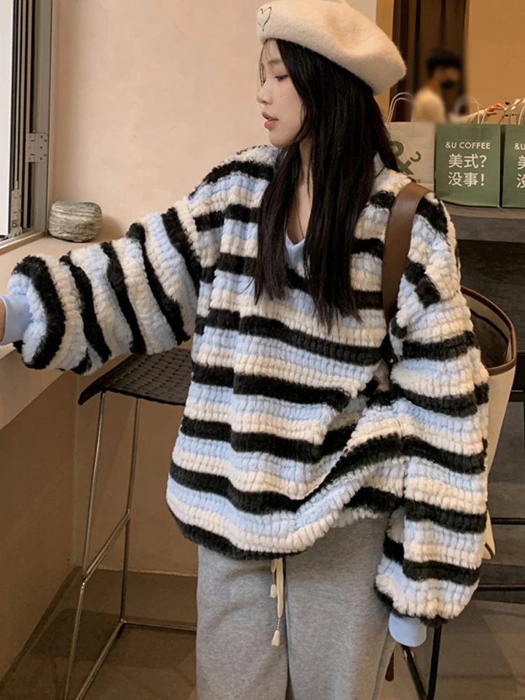 

Korean Striped Loog Sleeve Warm Plush Jackets Coats Women New Winter Loose Elegant Fashion Pullover Tops 2022 Casual Parkas