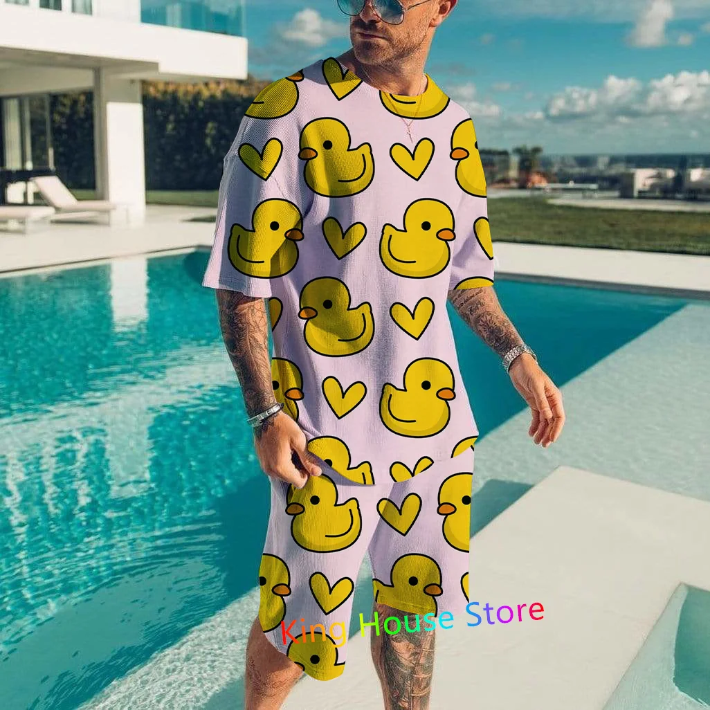 Fashion Sportswear Suit Set Men's Luxury 3D Cartoon Duck Streetwear Summer T Shirt Shorts 2 Piece Set Men Oversized Clothing Set