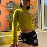 y2k sweater warm winter hollow chest slim knitted tops mink fur plush pullover avocado green long sleeve crop top women sexy