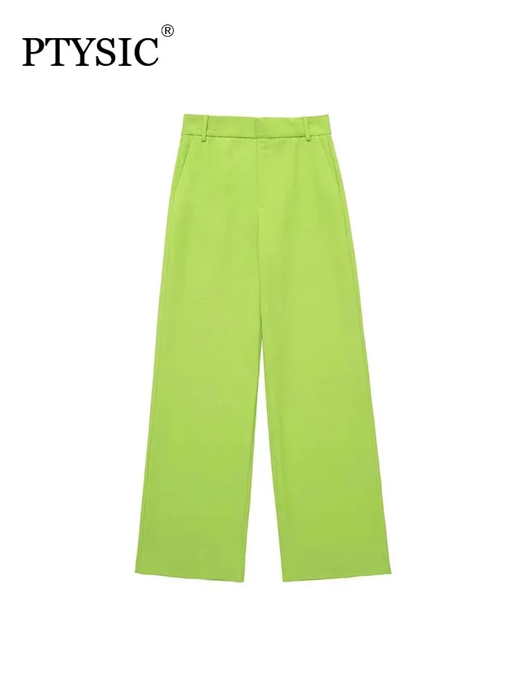 

PTYSIC Elegant Women Light Green Trousers 2022 New For Office Lady Straight Long Pants Casual New Arrival High Street Outerwear