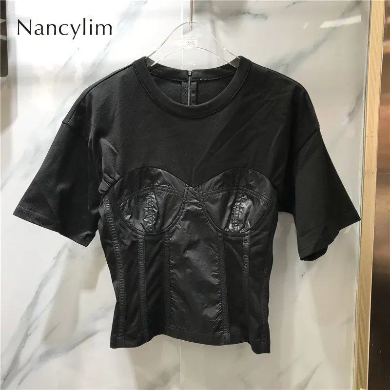 

2022 Black T-Shirt Women Round Neck Short Sleeve Stitching Three-Dimensional Chest Pad Waist-Tight Spring Summer New Top Tees