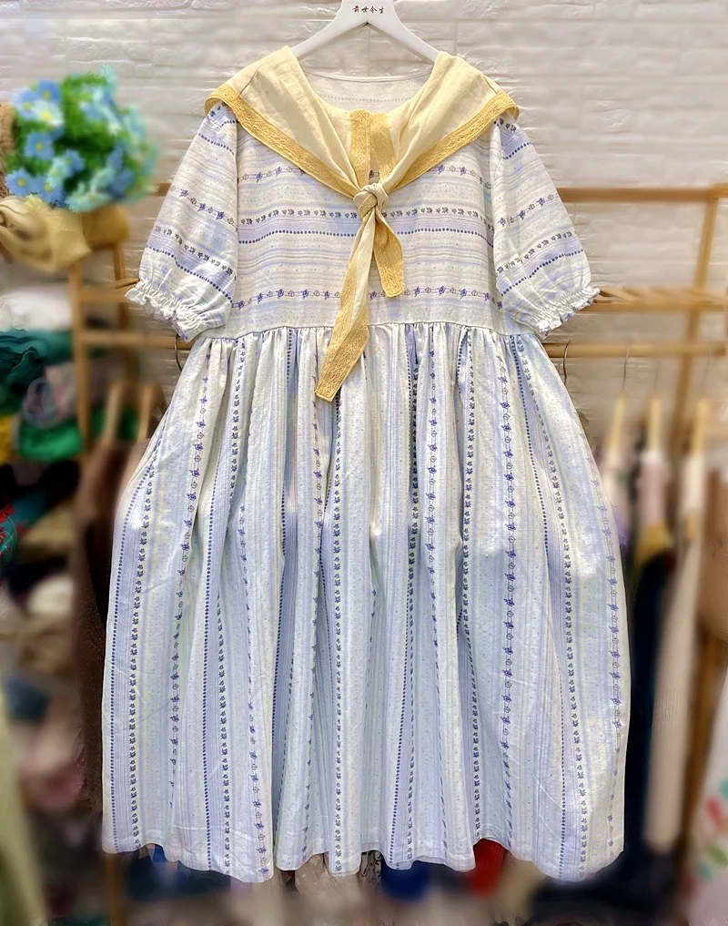 

Длинная юбка из хлопка и льна, в полоску, с коротким рукавом