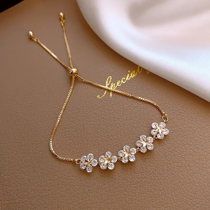 

Elegant Inlaid Rhinestone Korean Bracelets Gold Colour Flower Charm Bracelet For Women Fashion Jewelry Accessories Party Gifts