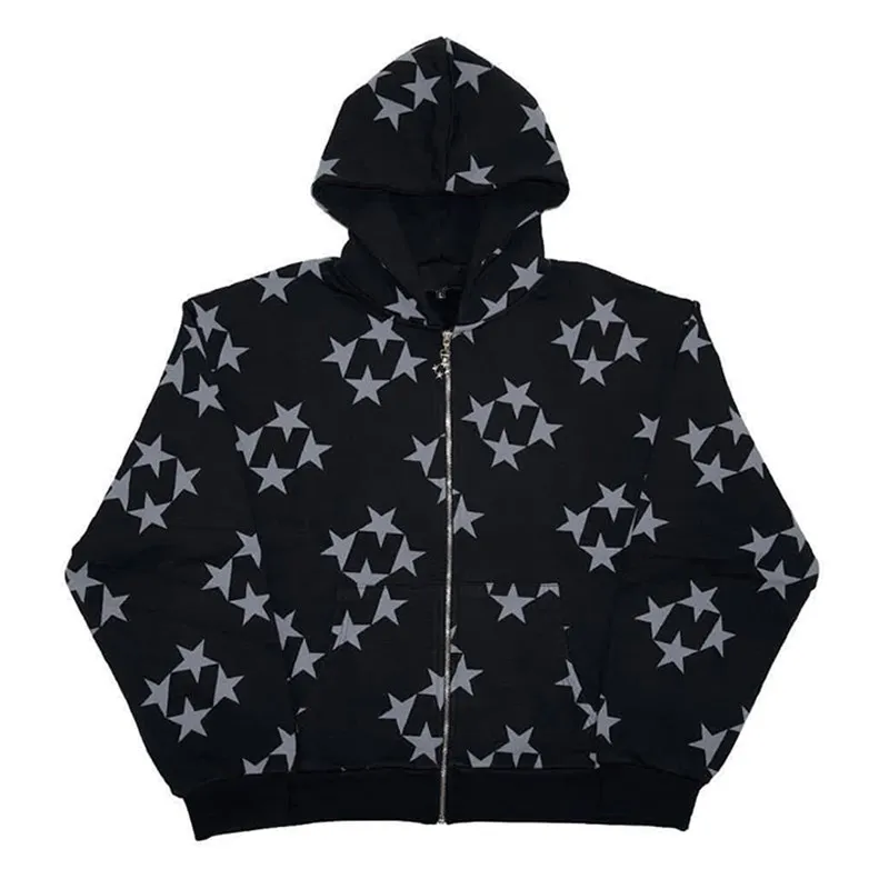 

Men Hip Hop Zip Hoodie Y2k Streetwear Fashion Punk Sports Jackets Star Print Long Sleeve Sweatshirt Gothic Casual Loose Hoodies
