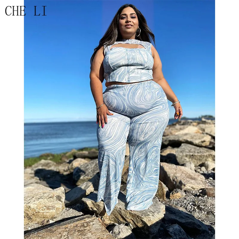 Street Casual Plus Size Female Suit Summer New Fashion Print Hollow Sleeveless Loose Two-piece Slim Comfortable Women's Clothing
