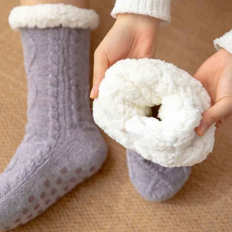 Fuzzy Sock Womens Winter Warm Plush Female Non Slip Anti Skid Grip Sleeping Floor Slippers Short Thermal Fluffy Sock Ladies