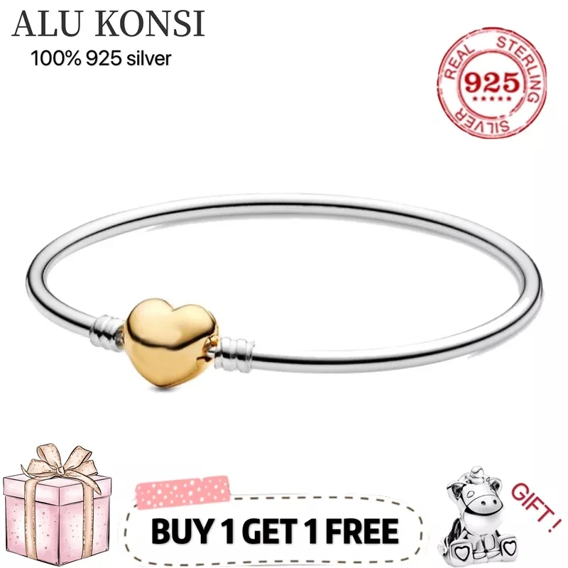 

New Fit Original luxury 925 Sterling Silver pan bracelet love heart Snake Chain Charms Bangle For Women DIY high quality Jewelry