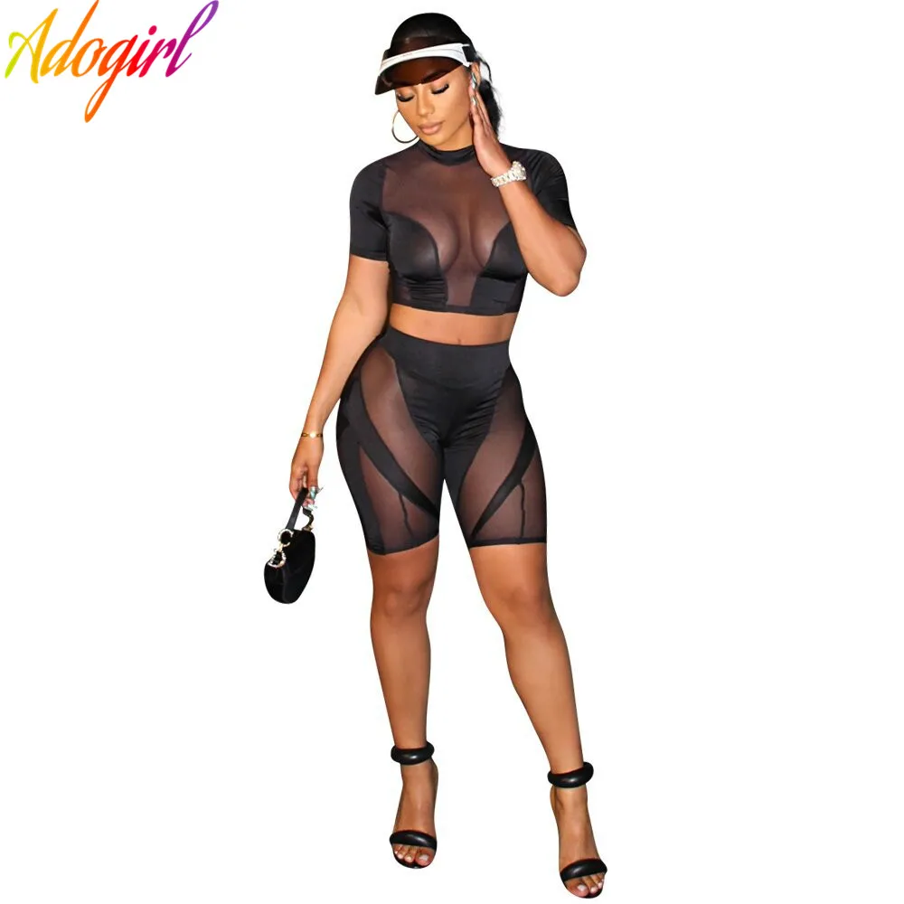 

Комплект из двух предметов Adogirl из прозрачной сетки в стиле пэчворк, короткий топ с круглым вырезом и короткими рукавами, шорты, уличная одеж...