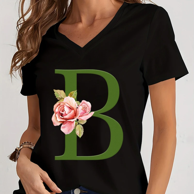 Женская футболка с V-образным вырезом Винтажная буквами Сакуры и графическим