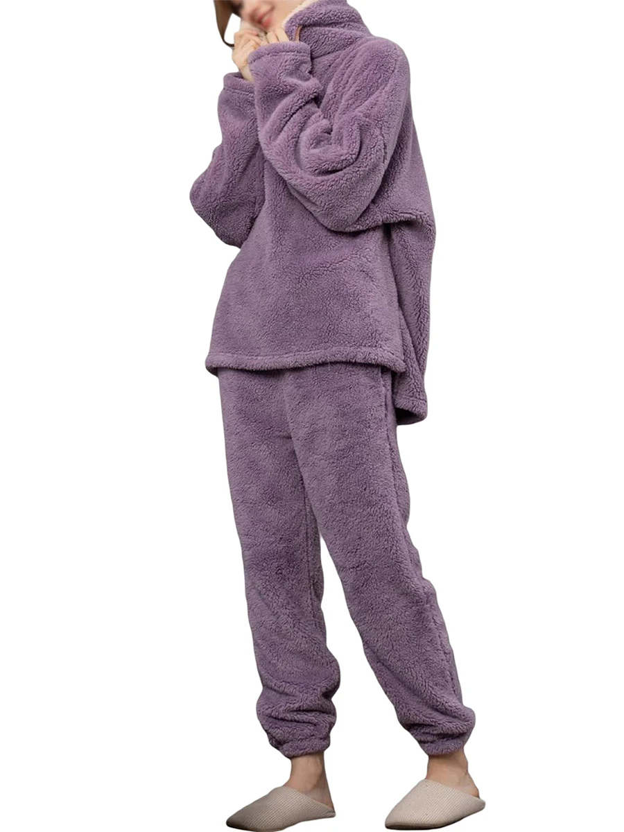 

Женский пижамный комплект из 2 предметов, однотонный фланелевый пуловер с длинным рукавом, толстовка и повседневные эластичные брюки, одежда для сна, одежда для отдыха